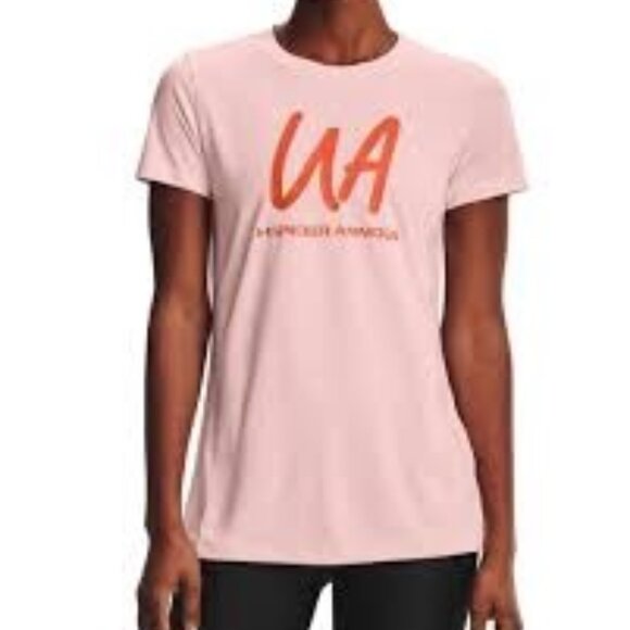 Under Armour Light Pink with Neon Orange Decal Heatgear T-Shirt Size Medium - Picture 2 of 7